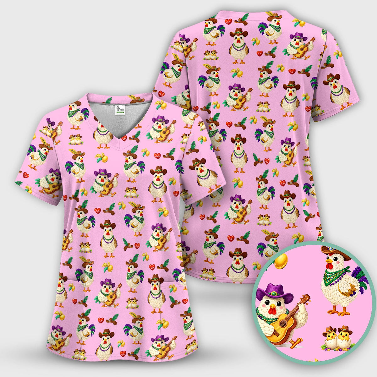 Mardi Gras Rooster Cowboy Nurse Scrub Top