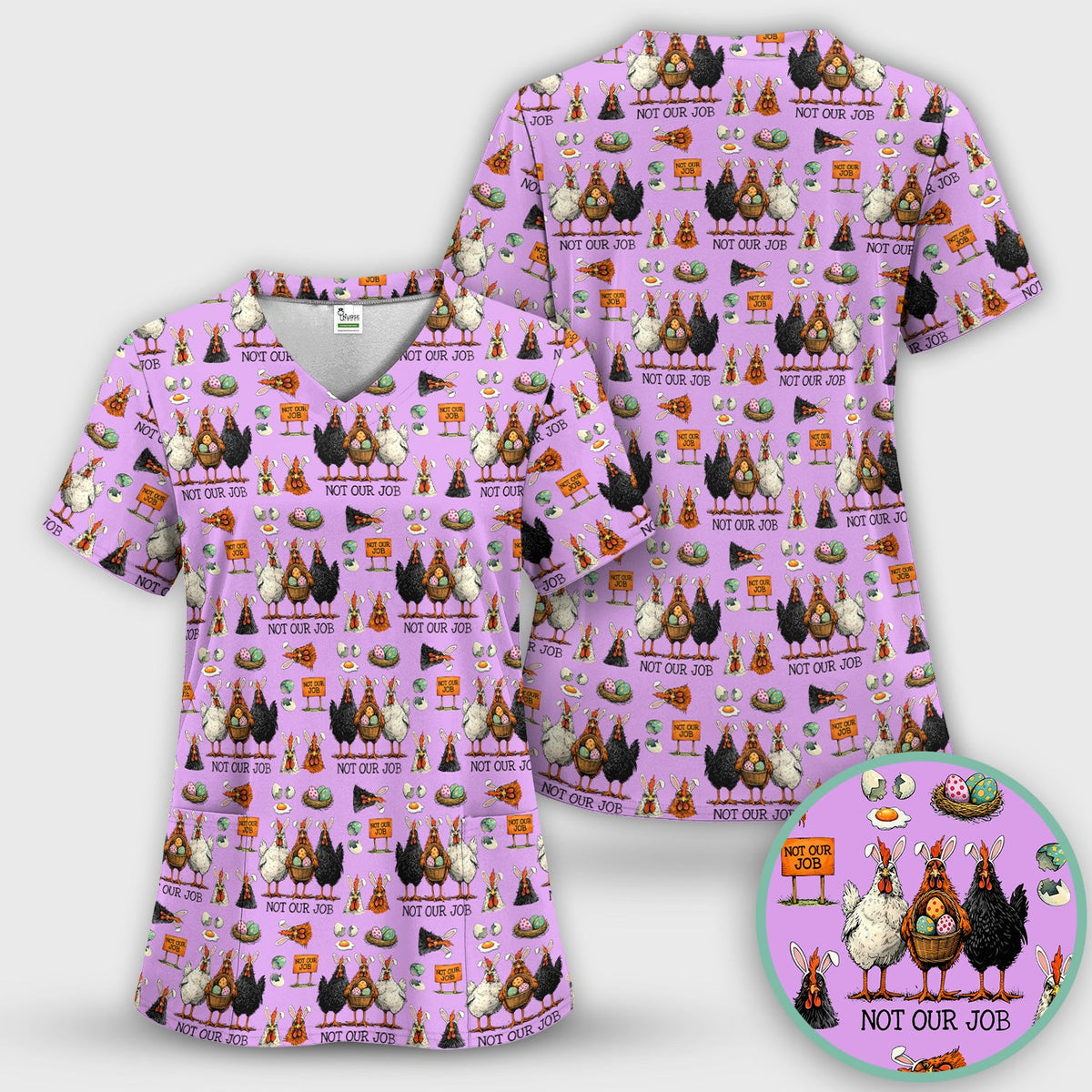 Funny Easter Chicken Humor Pattern Scrub Top, Comfortable Scrubs for Nurses