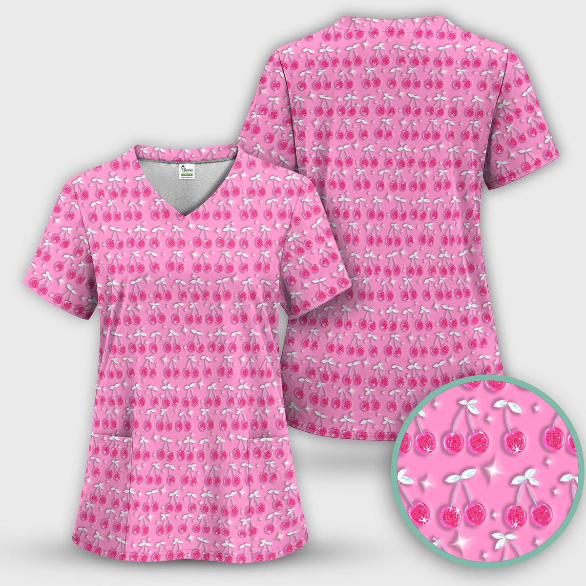 Pink Cherry Sparkle Nurse Scrub Top