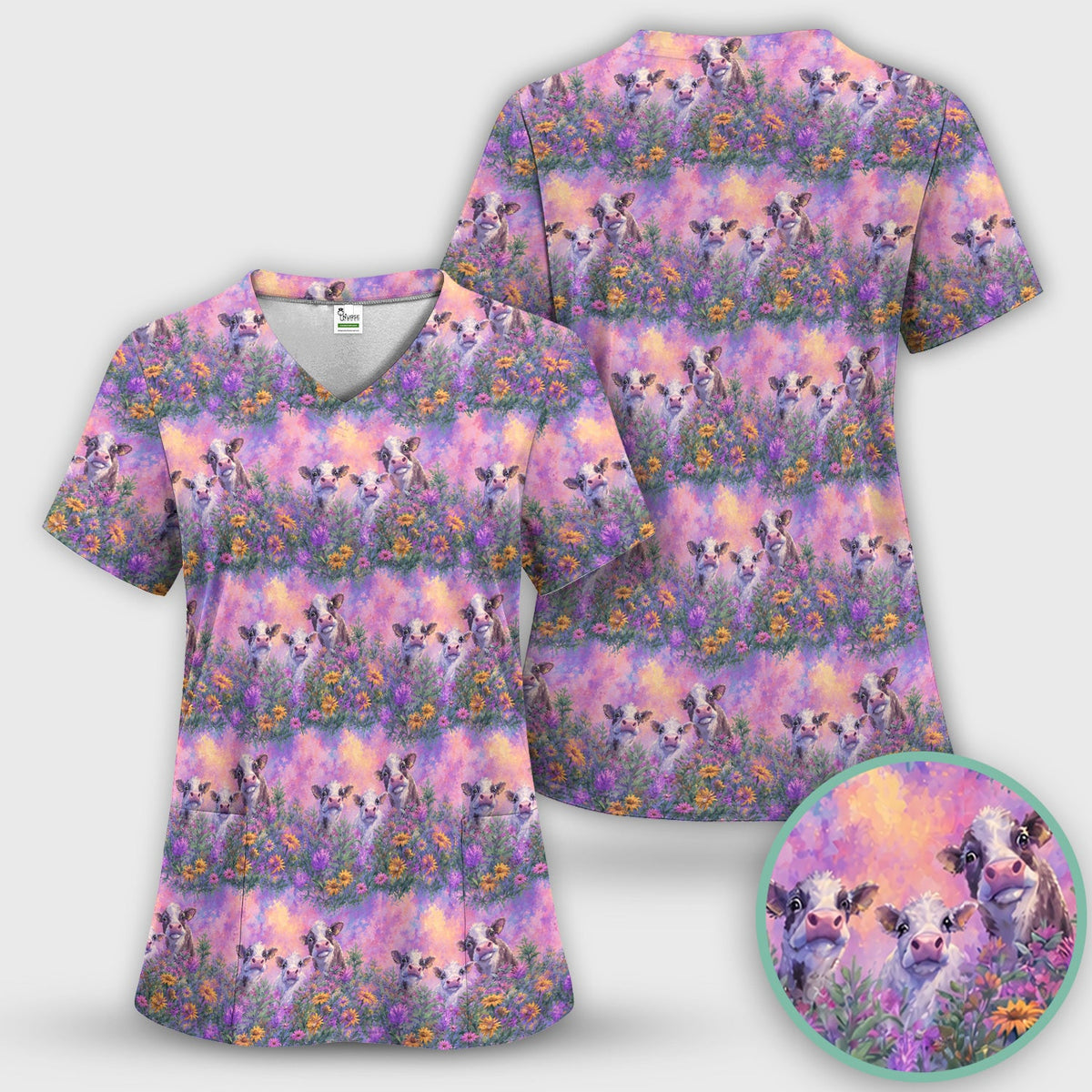 Pastel Cow Meadow Flower Nurse Scrub Set