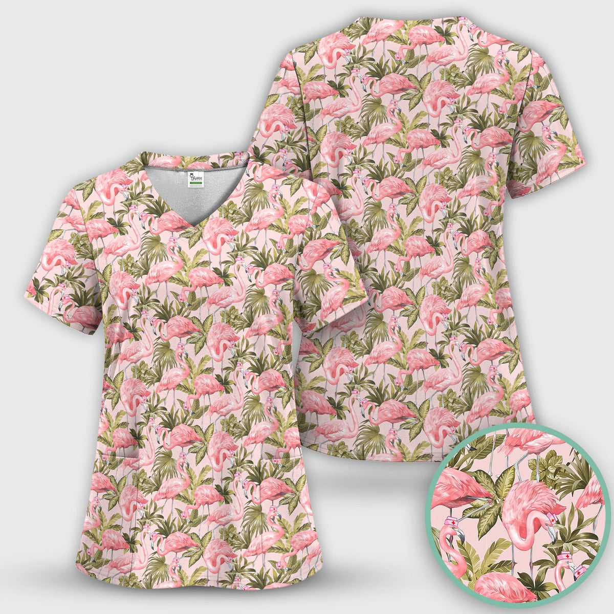 Pink Flamingo Jungle Leaves Nurse Scrub Set