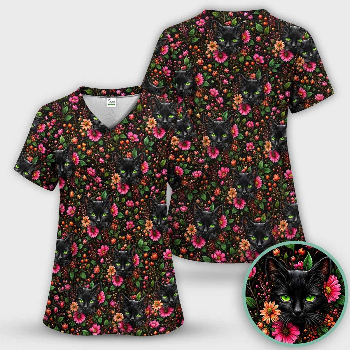 Adorable Black Cat Blossom Nurse Scrub Set