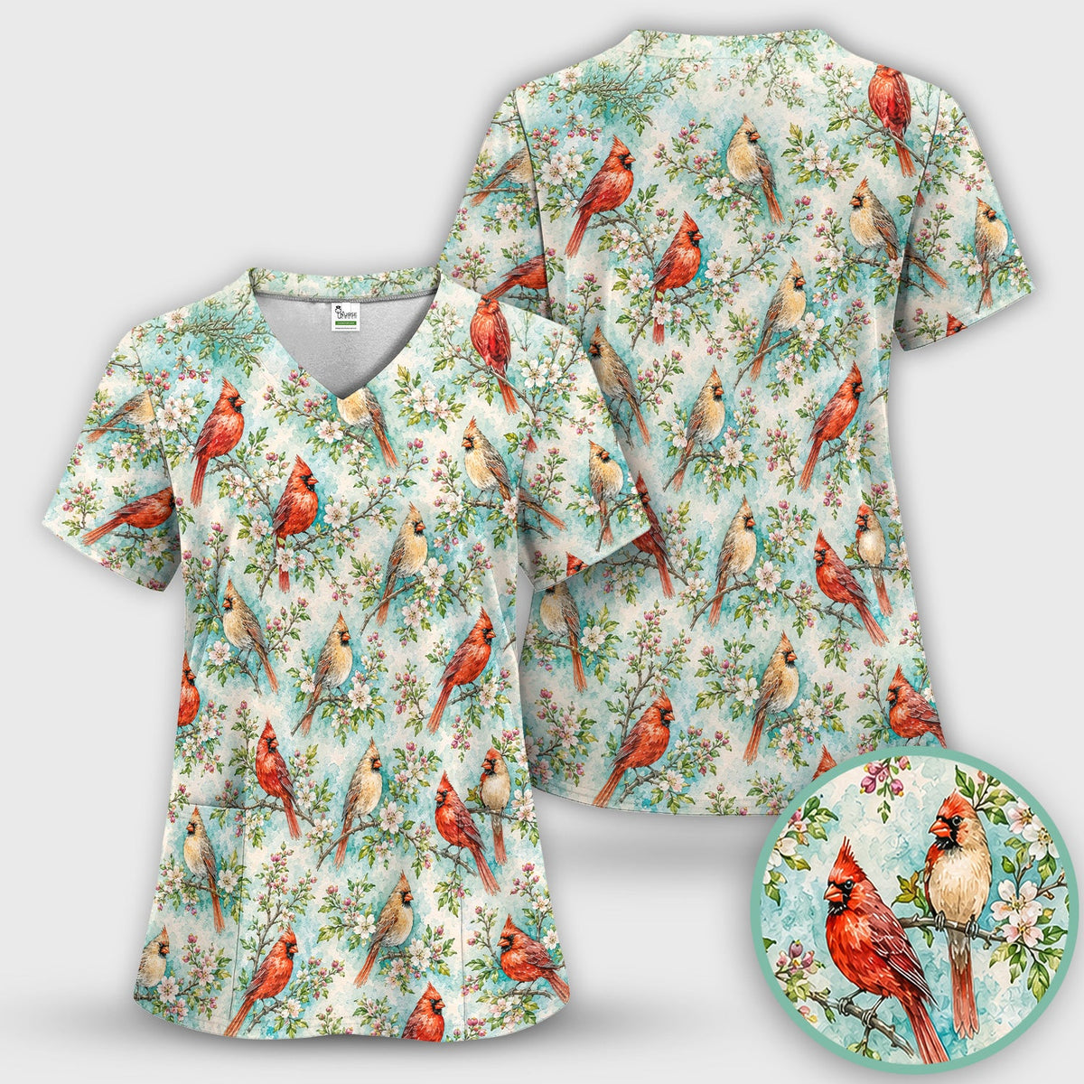 Cardinal Blossom Branch Nurse Scrub Top
