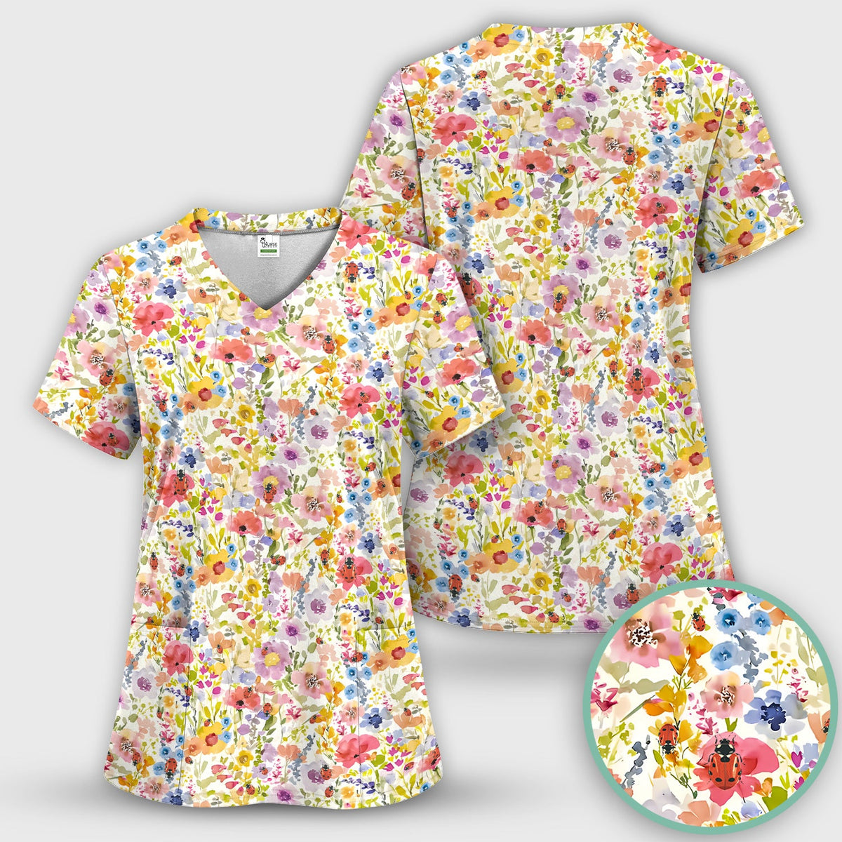 Wildflower Ladybug Garden Nurse Scrub Top