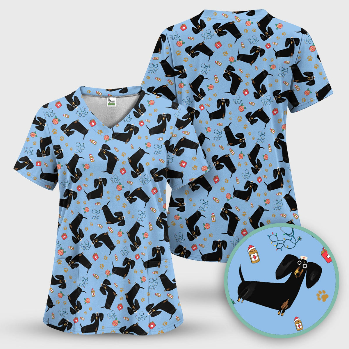 Black Dachshund Nurse Scrub Top - Gift For Dog Lover