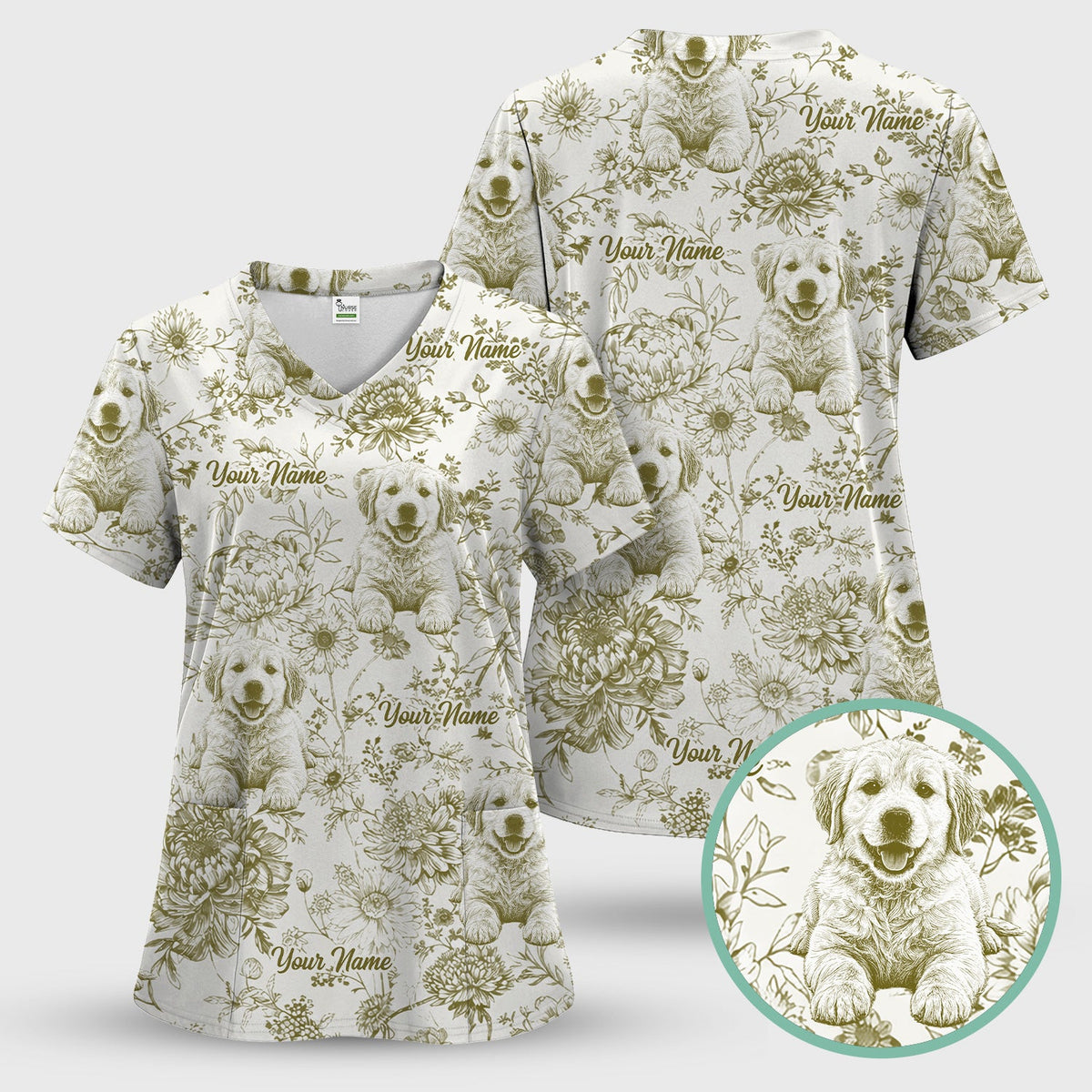 Personalized Pet Photo Floral Nurse Scrub Top