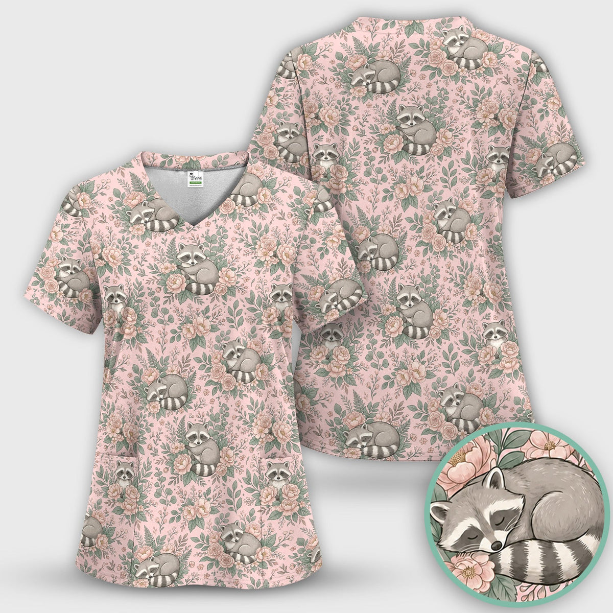 Sleeping Raccoon Rose Garden Nurse Scrub Set