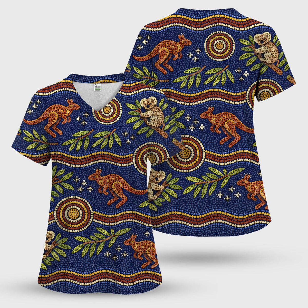 Australian Aboriginal Dot Art Scrub Set, Kangaroo ANd Koala Pattern Nurse Shirt, Breathable Fabrics Nursing Uniform
