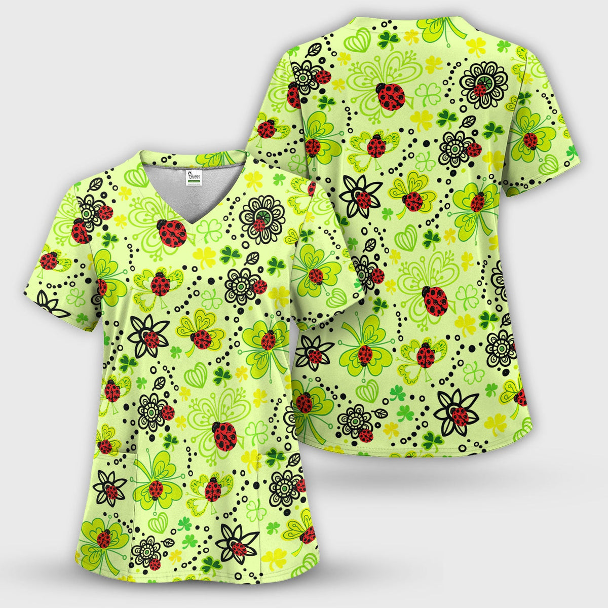Ladybug Clover Floral Pattern Print Scrub Sets, Scrub Pants and V Neck Top