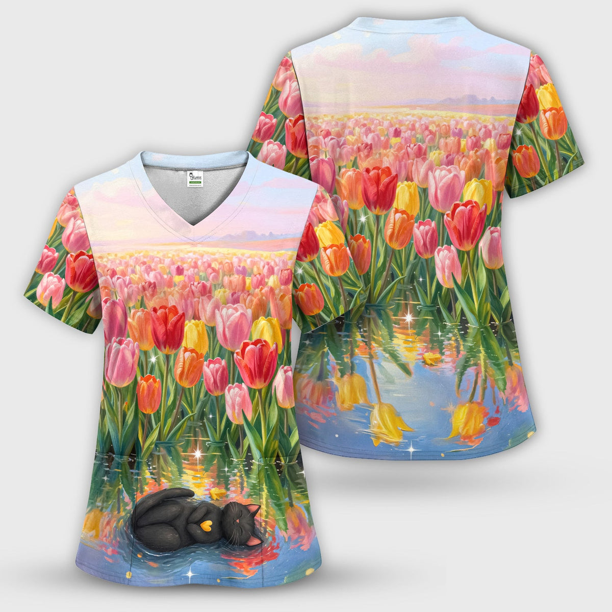 Sleeping Black Cat Tulip Field Nurse Scrub Top