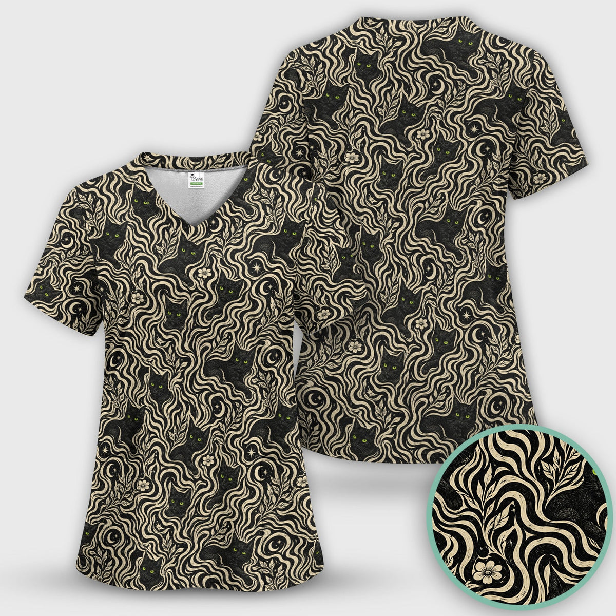 Mystical Black Cat Moonlit Nurse Scrub Set