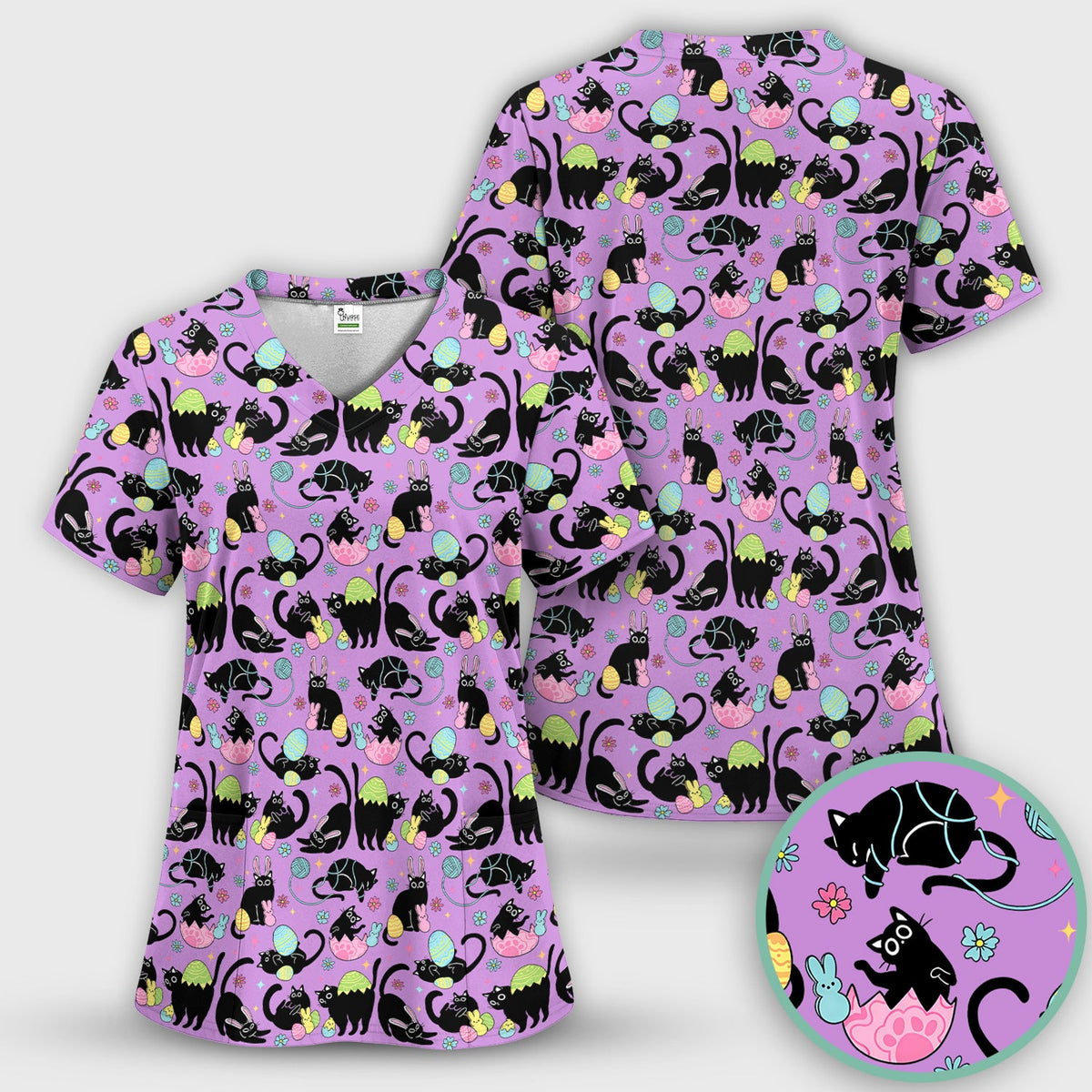Funny Easter Black Cat Egg Pattern Scrub Set, Scrub Pants and V Neck Top
