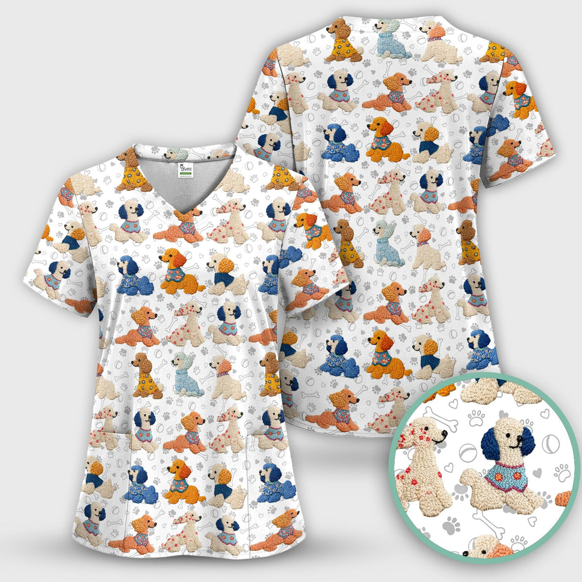 Cute Colorful Poodle Pattern Scrub Top, Comfortable Scrubs for Nurses