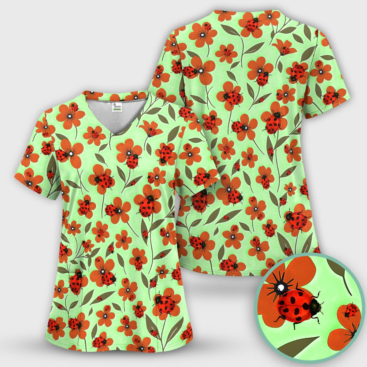 Ladybug Orange Floral Garden Nurse Scrub Set