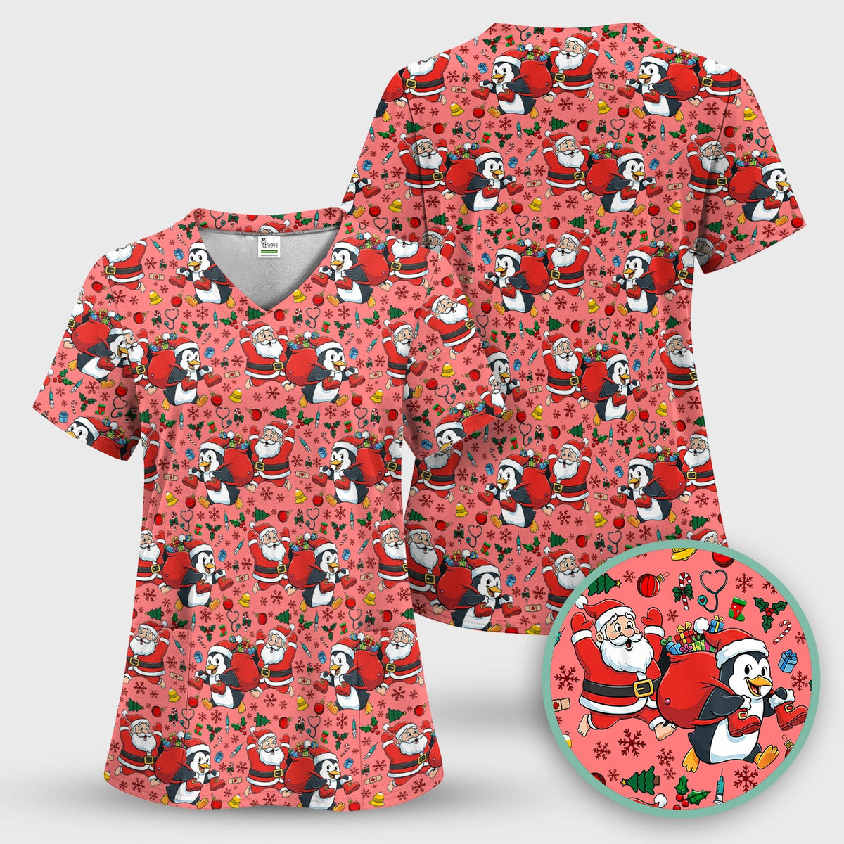 Penguin Santa Nurse Scrub Top - Christmas Gift