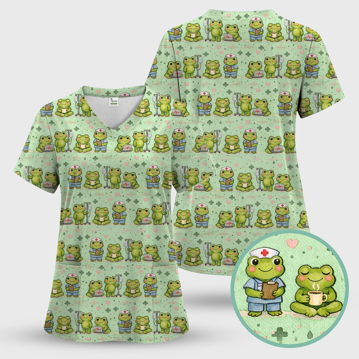 Adorable Frog Various Poses Nurse Scrub Set