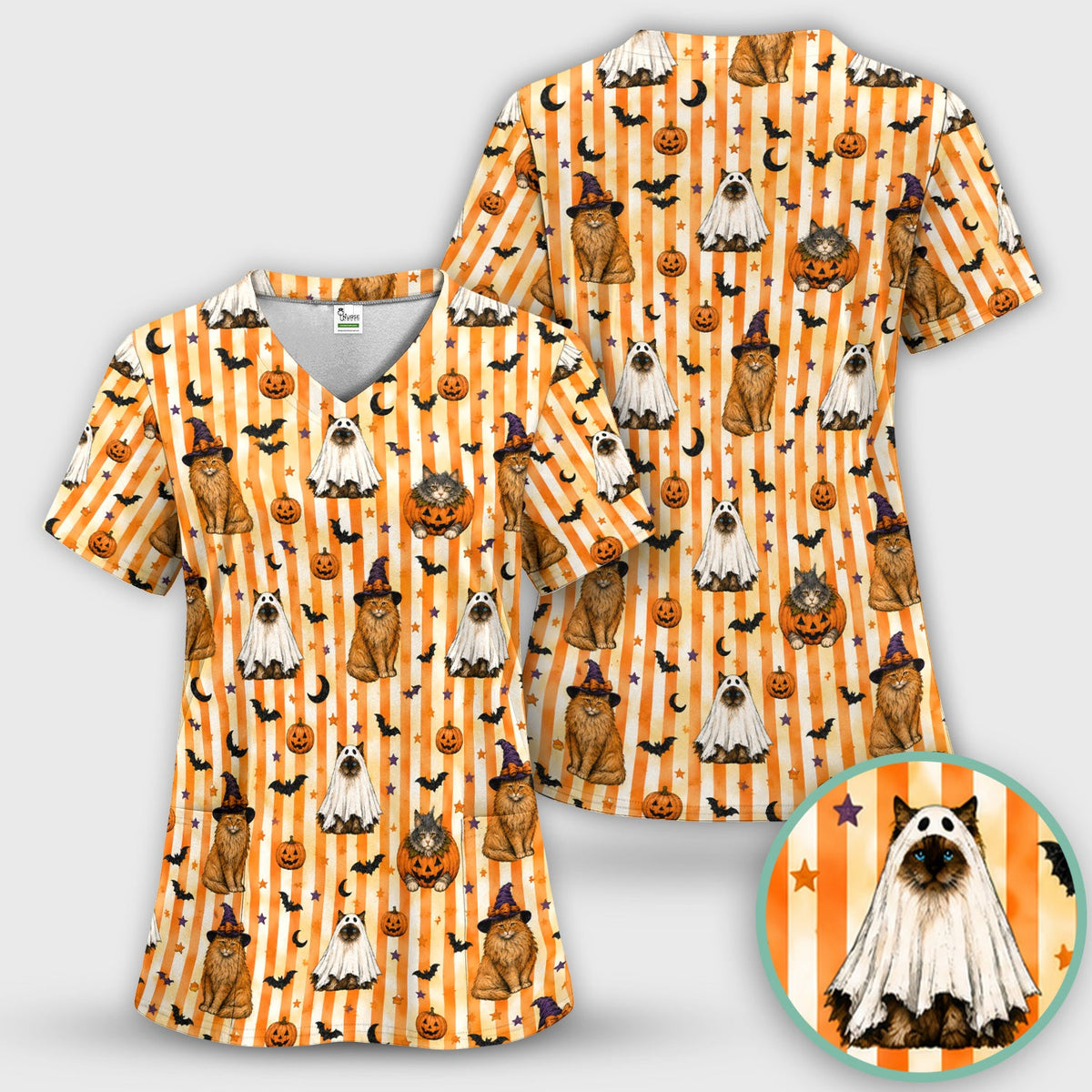 Cat Print Nurse Scrub Top - Halloween Gift