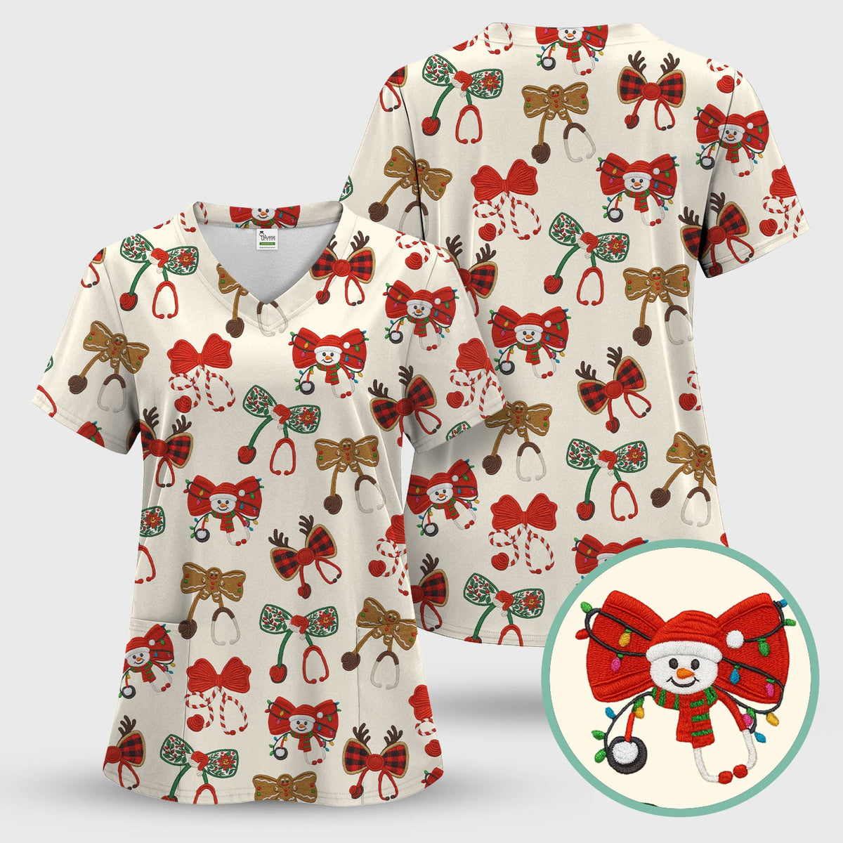 Christmas Stethoscope Bow Nurse Scrub Set