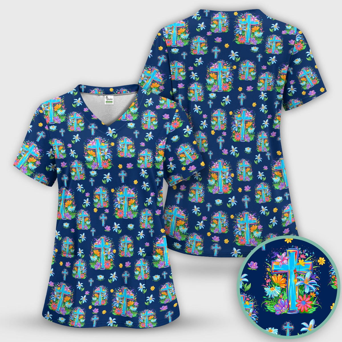Christian Floral Cross Spring Nurse Scrub Set
