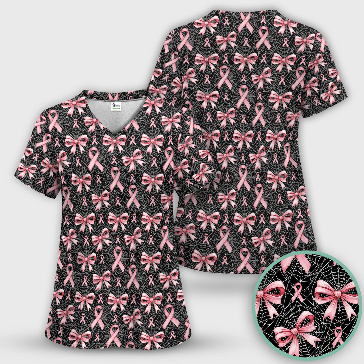 Pink Ribbon Pattern Nurse Scrub Top