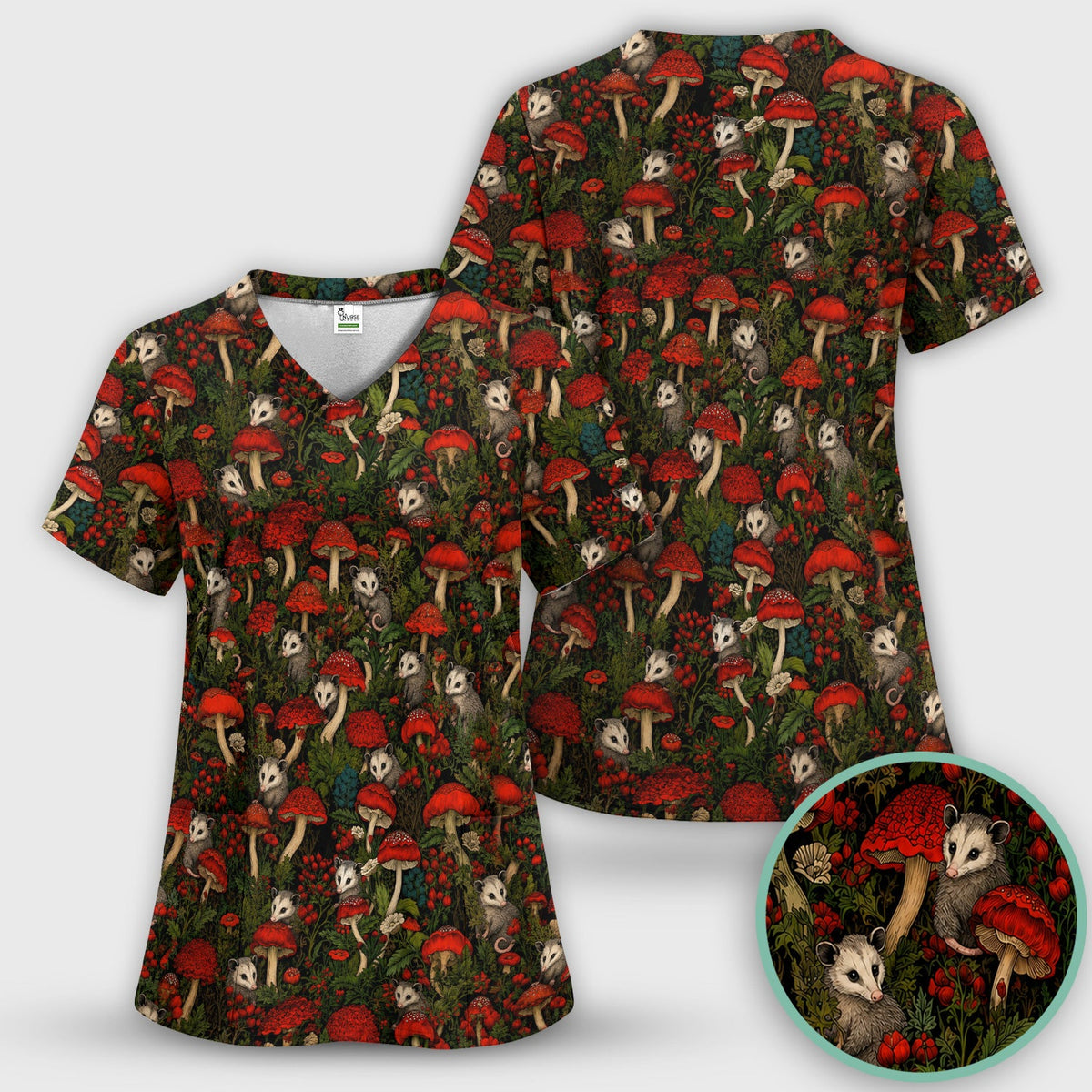 Woodland Opossum Red Mushroom Nurse Scrub Top