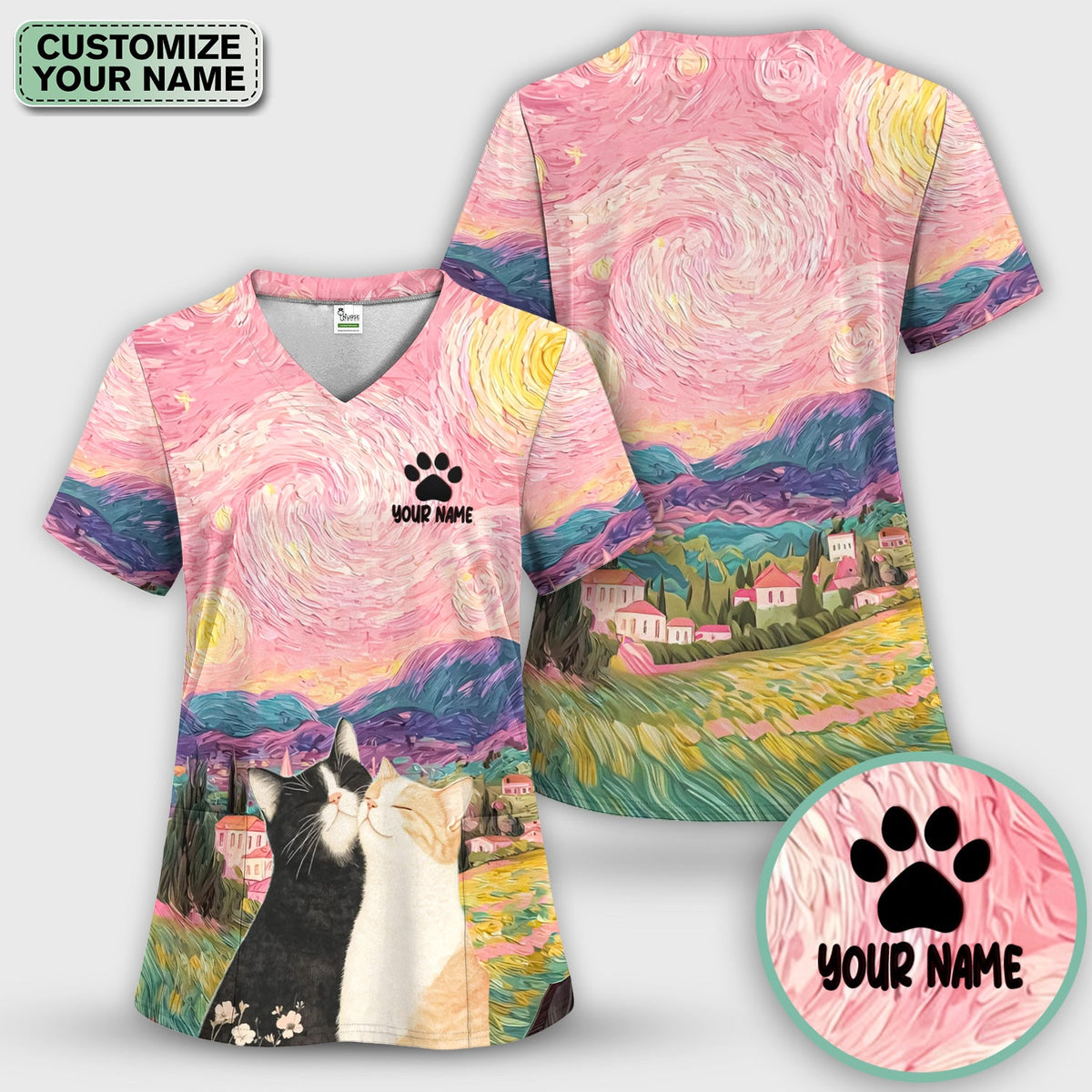 Personalized Cat Couple Sunset Sky Nurse Scrub Set