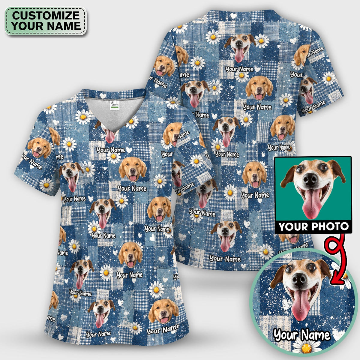 Personalized Dog Photo Patchwork Daisy Nurse Scrub Set