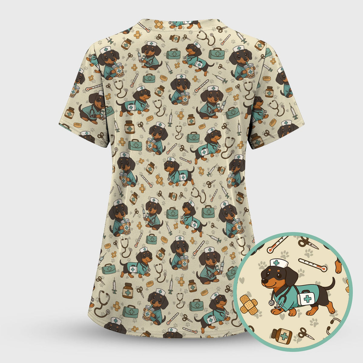 Funny Dachshund Nurse Scrubs - Cute Dog Print Medical Shirt - Holiday Nurse Scrub Top Gift for RN CNA Doctor, Women & Men