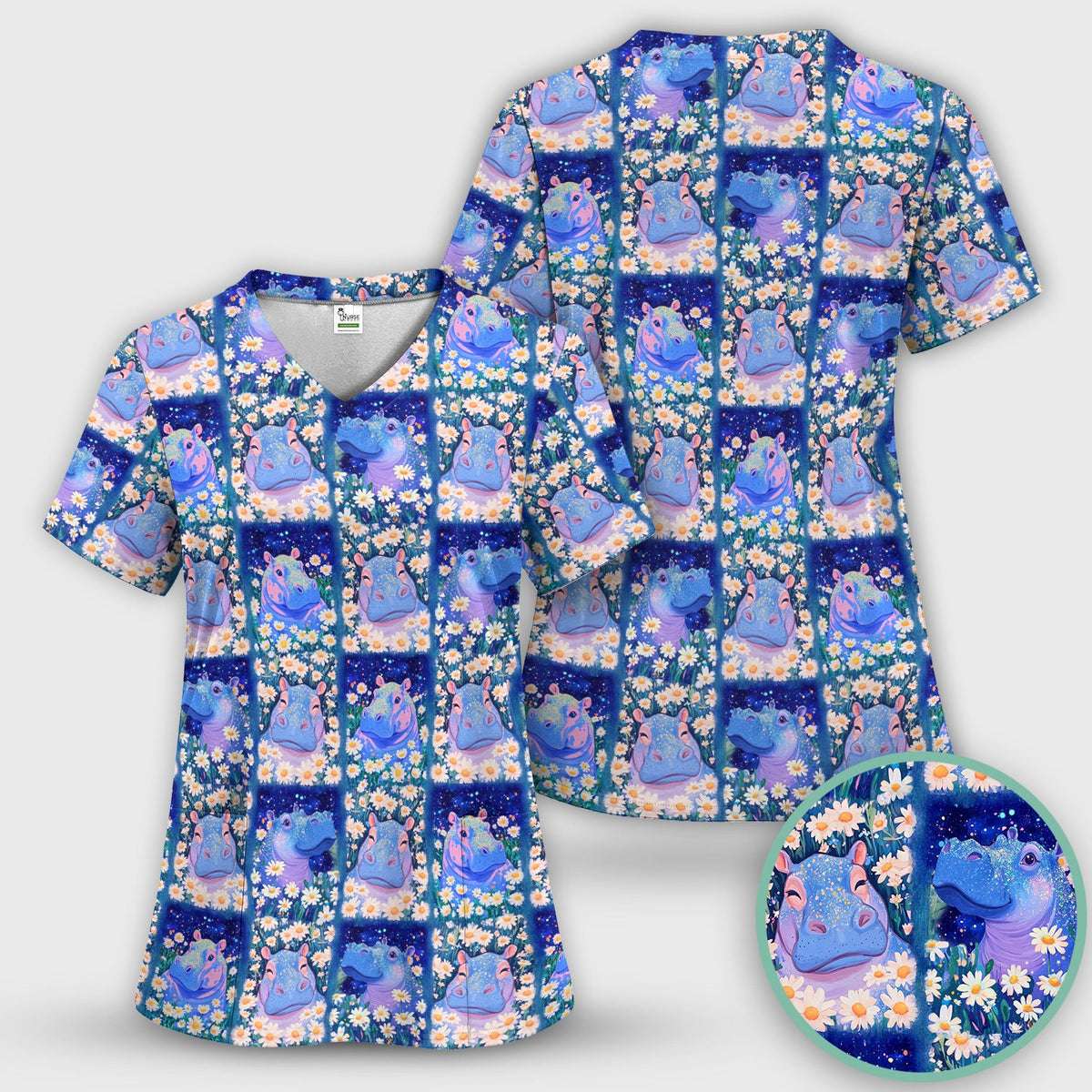 Hippo Daisy Patchwork Nurse Scrub Top