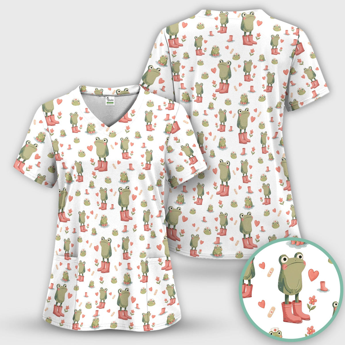 Adorable Frog Boots Heart Pattern Scrub Top, Comfortable Scrubs for Nurses