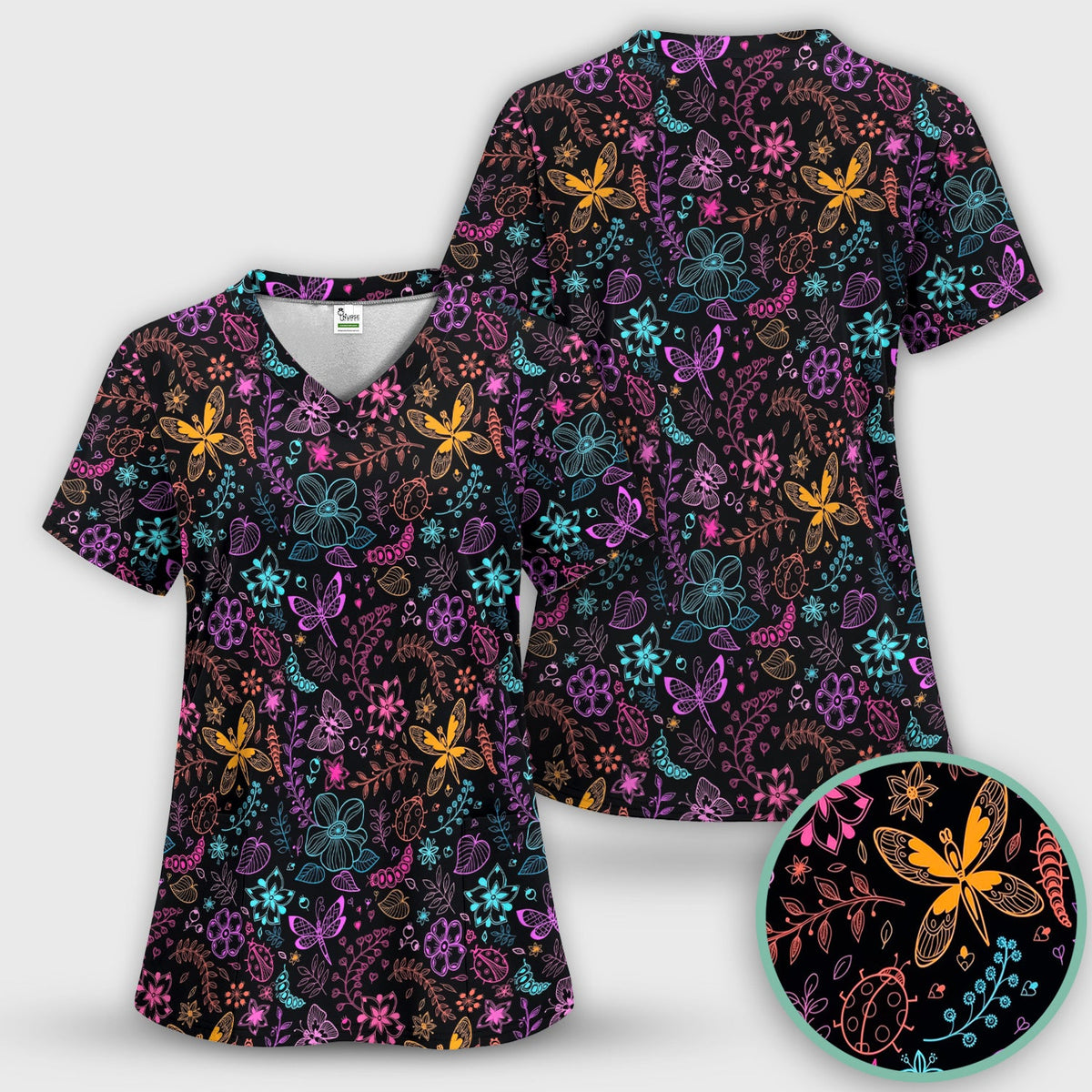 Neon Butterfly Floral Garden Nurse Scrub Set