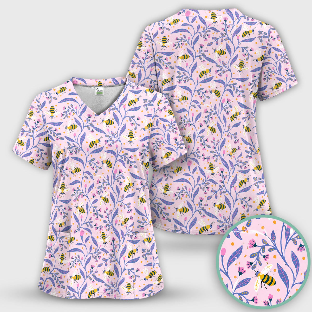 Cute Bumble Bee Floral Nurse Scrub Top