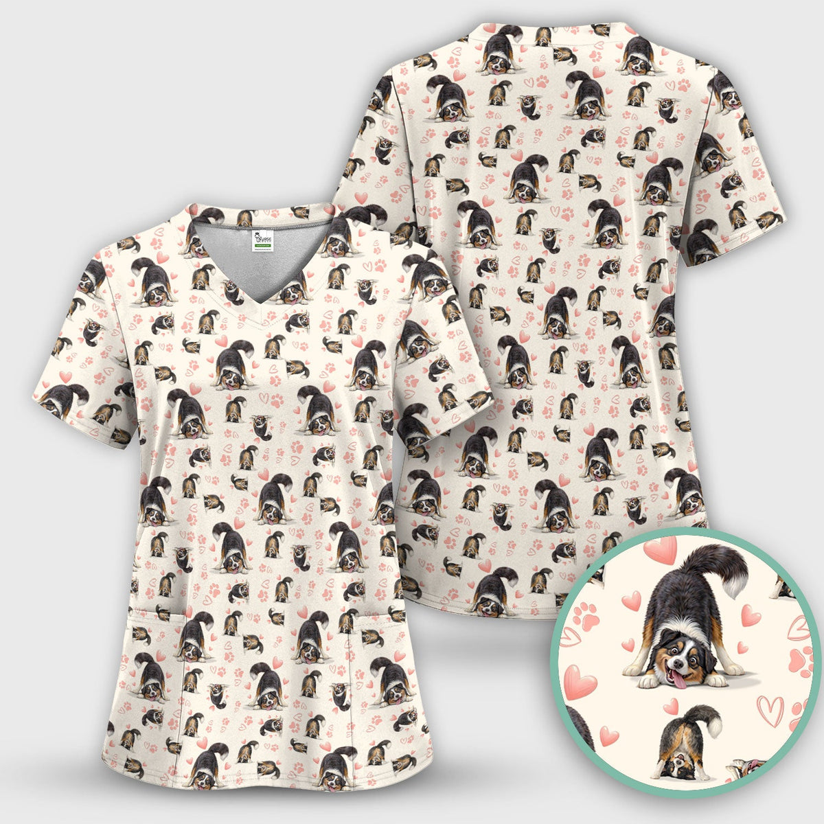 Playful Dog Heart Medical Print Scrub Top, Breathable Fabrics Nursing Uniform