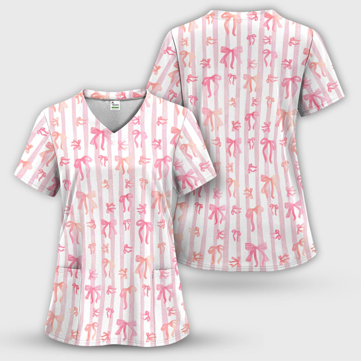Pink Bow Stripe Nurse Scrub Top