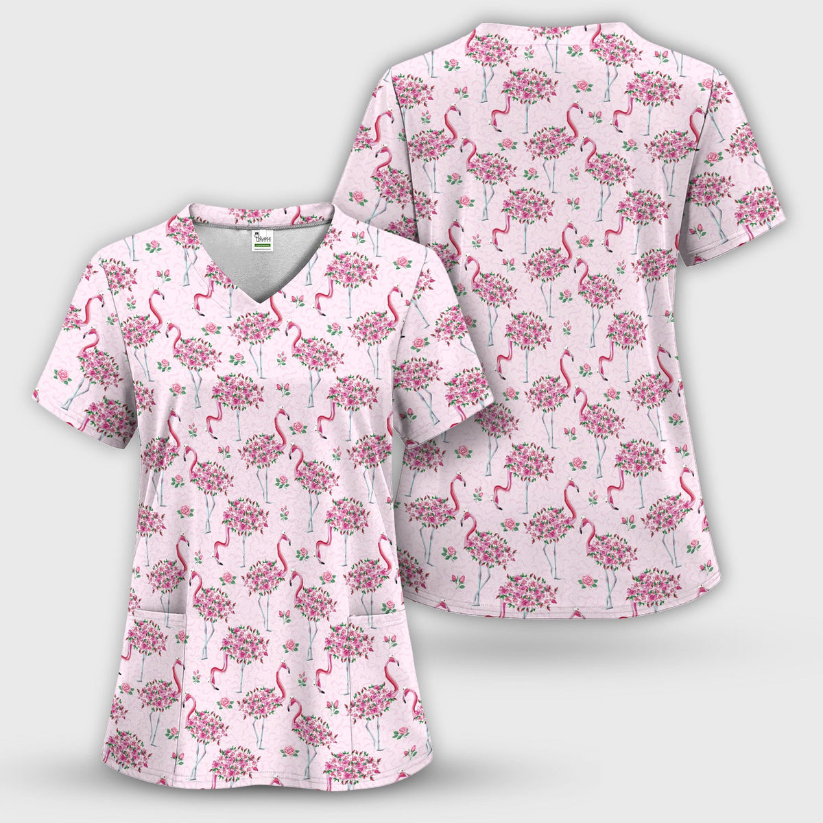 Pink Flamingo Floral Pattern Scrub Top, Comfortable Scrubs for Nurses
