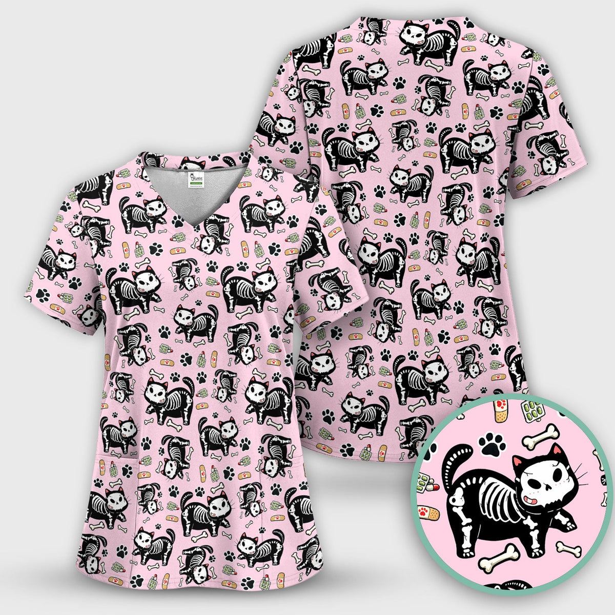 Skeleton Cat Medical Pattern Scrub Set, Scrub Pants and V Neck Top