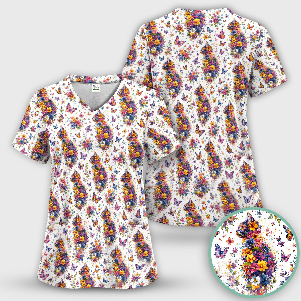Floral Cat Butterfly Nurse Scrub Set