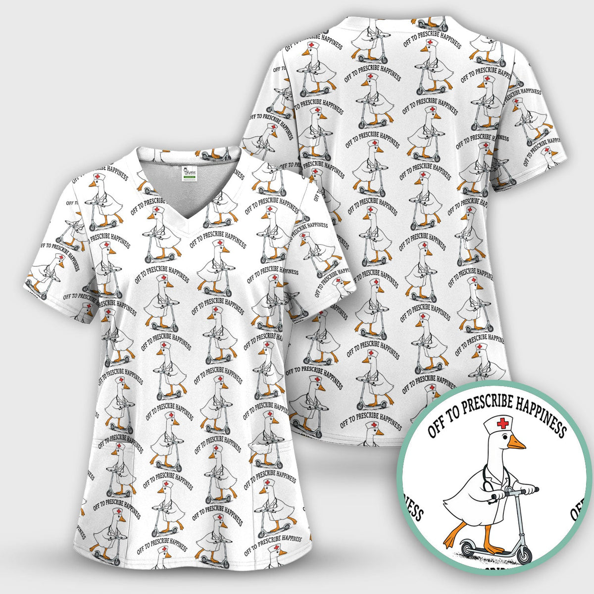 Nurse Goose Scooter Print Scrub Set, Breathable Med Uniform