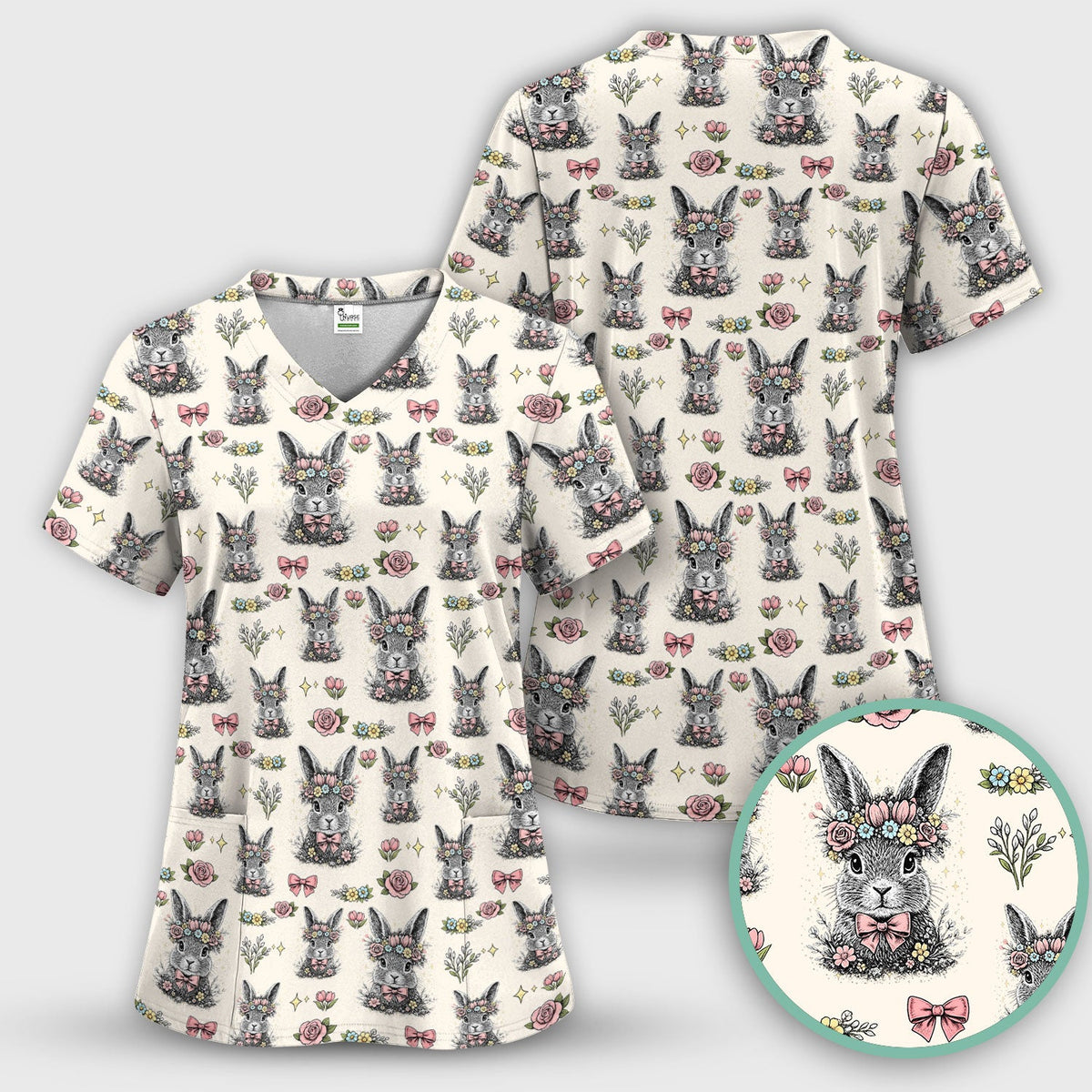 Vintage Floral Bunny Nurse Scrub Set