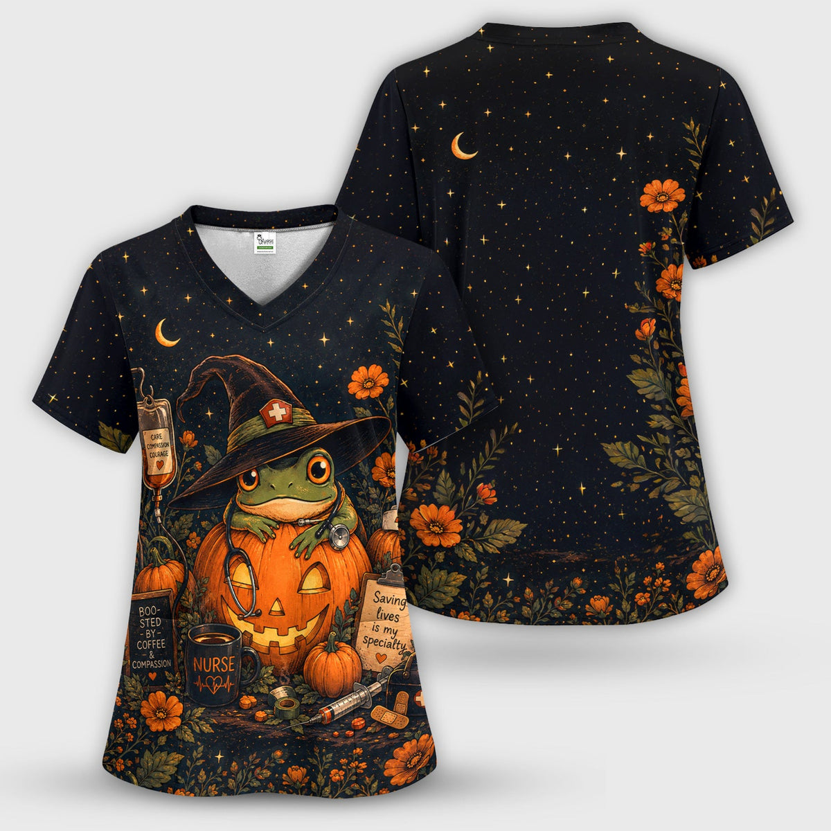 Witch Frog Pumpkin Nurse Scrub Top - Halloween Gift