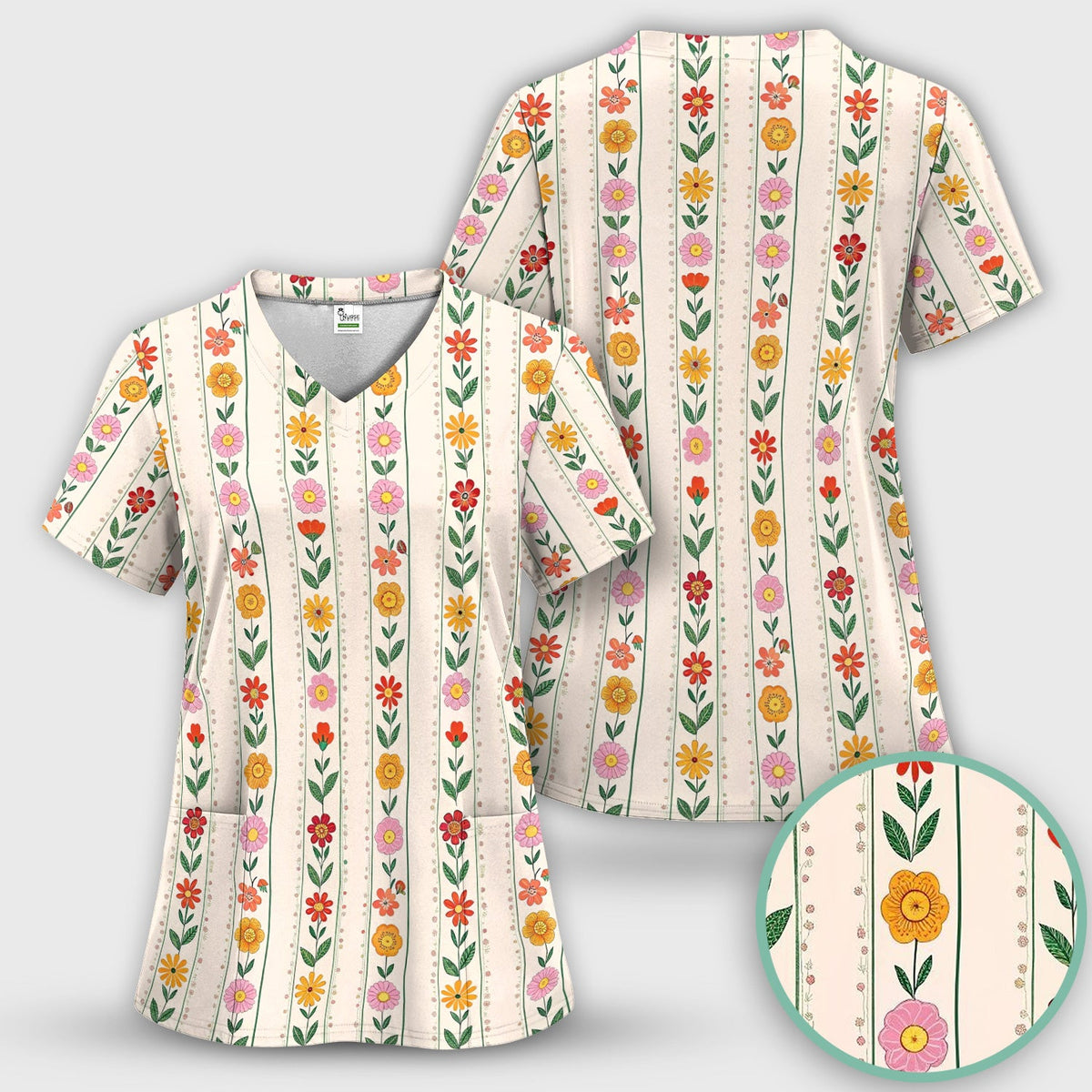 Retro Floral Stripe Print Nurse Scrub Set