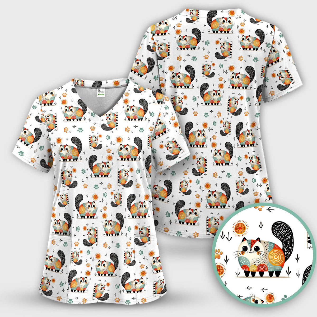 Cat Illustration Nurse Scrub Top