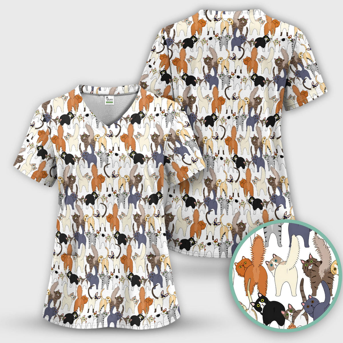 Whimsical Multicolor Cat Cartoon Nurse Scrub Top