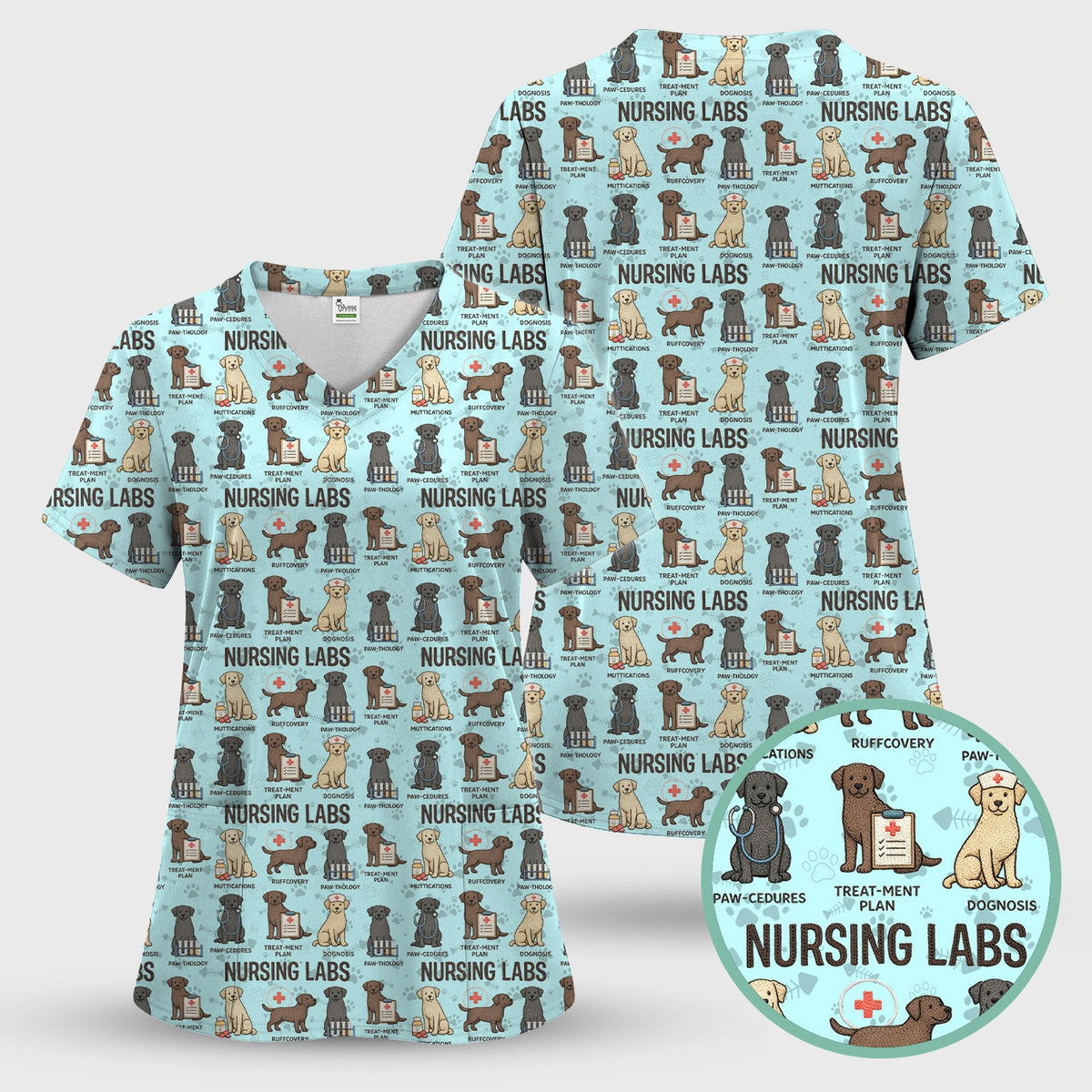 Playful Nursing Labs Dog Pattern Scrub Top, Comfortable Scrubs for Nurses