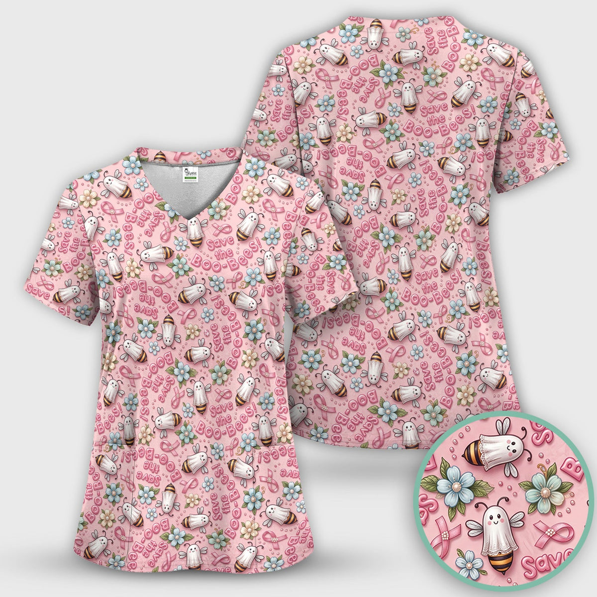 Save The Boo-Bees Ribbon Nurse Scrub Top