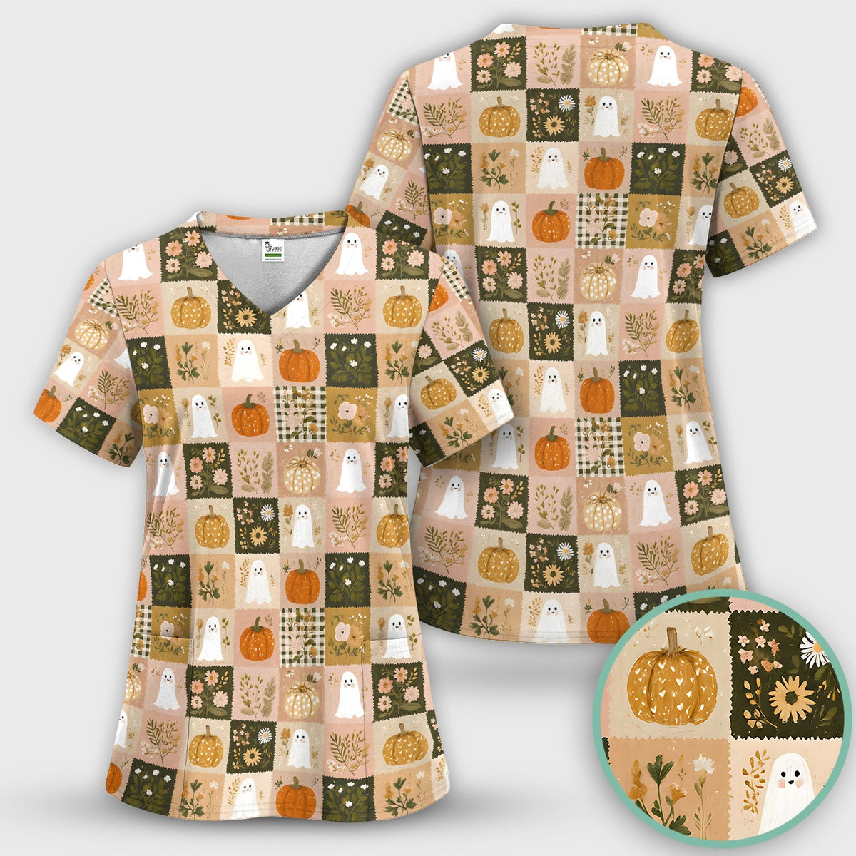 Halloween Ghost Pumpkin Patchwork Nurse Scrub Set