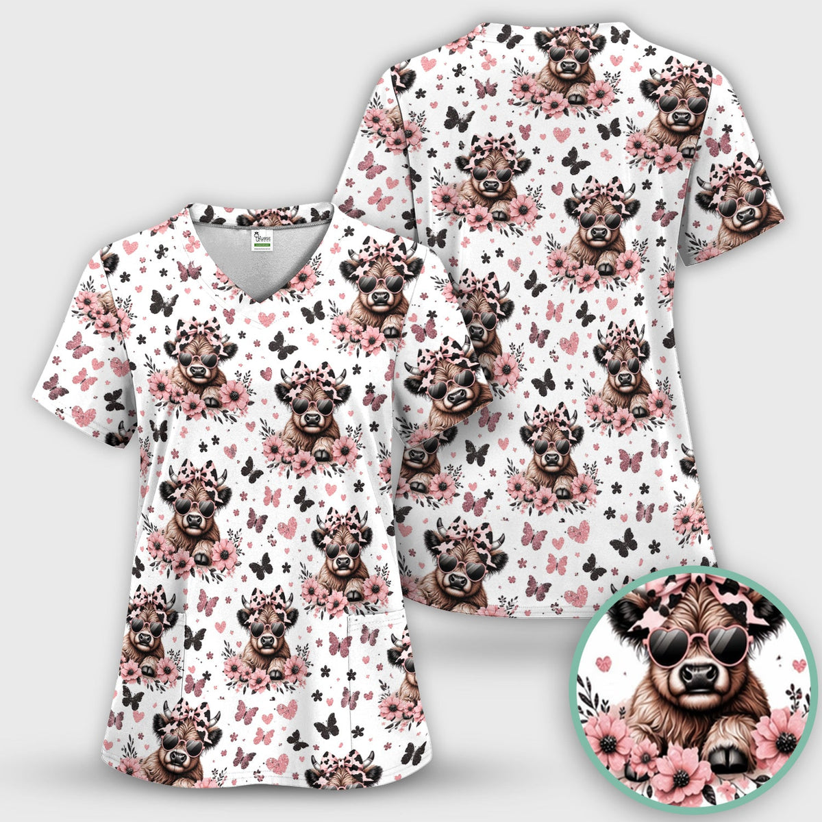 Cow Heart Sunglasses Nurse Scrub Top