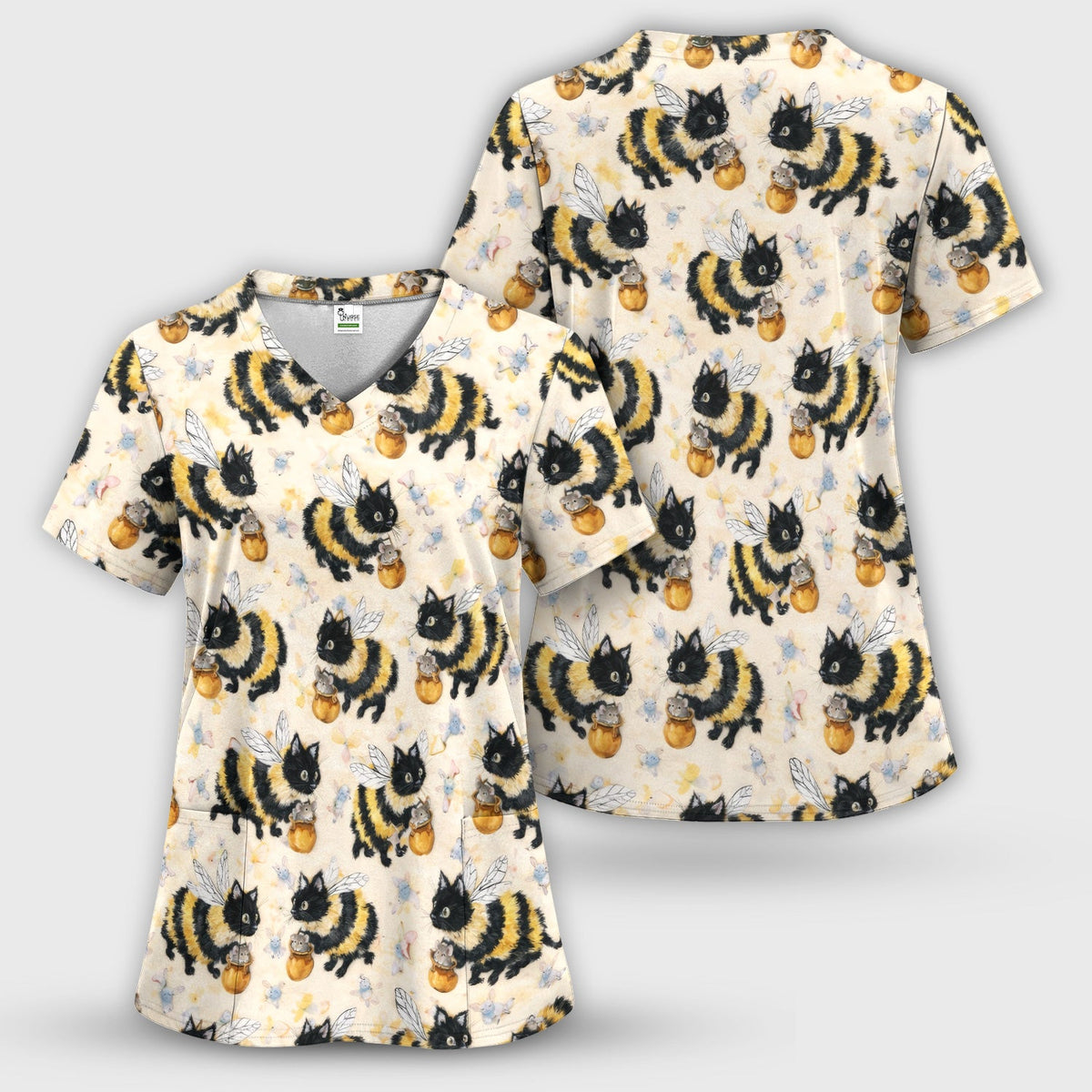 Adorable Nurse Bumblebee Cat Honey Jar Winged Pattern Scrub Top, Comfortable Scrubs for Nurses