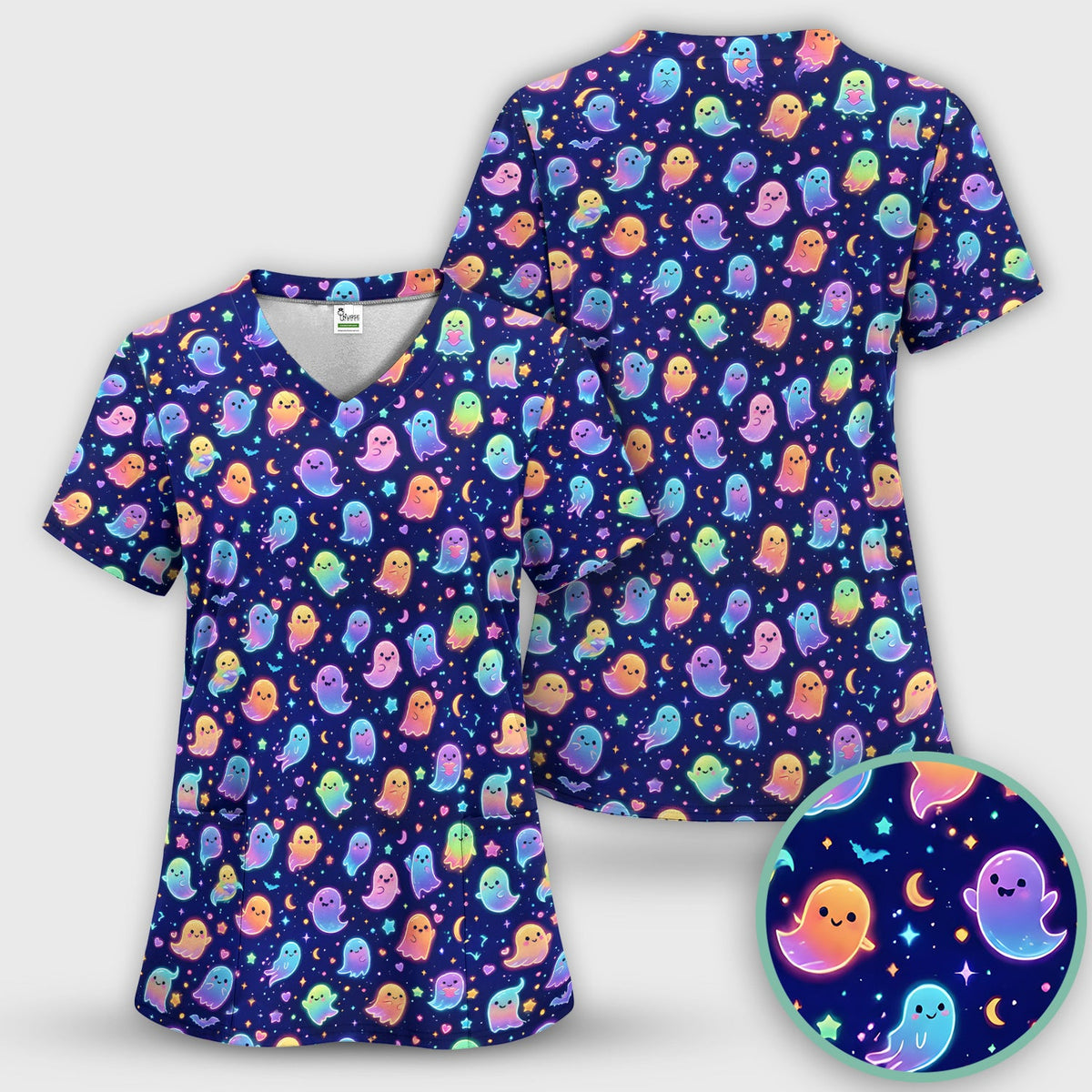 Neon Halloween Ghosts Nurse Scrub Set