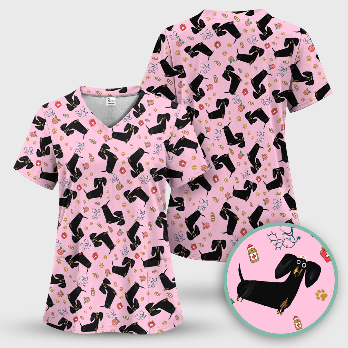 Black Dachshund Nurse Scrub Top - Gift For Dog Lover